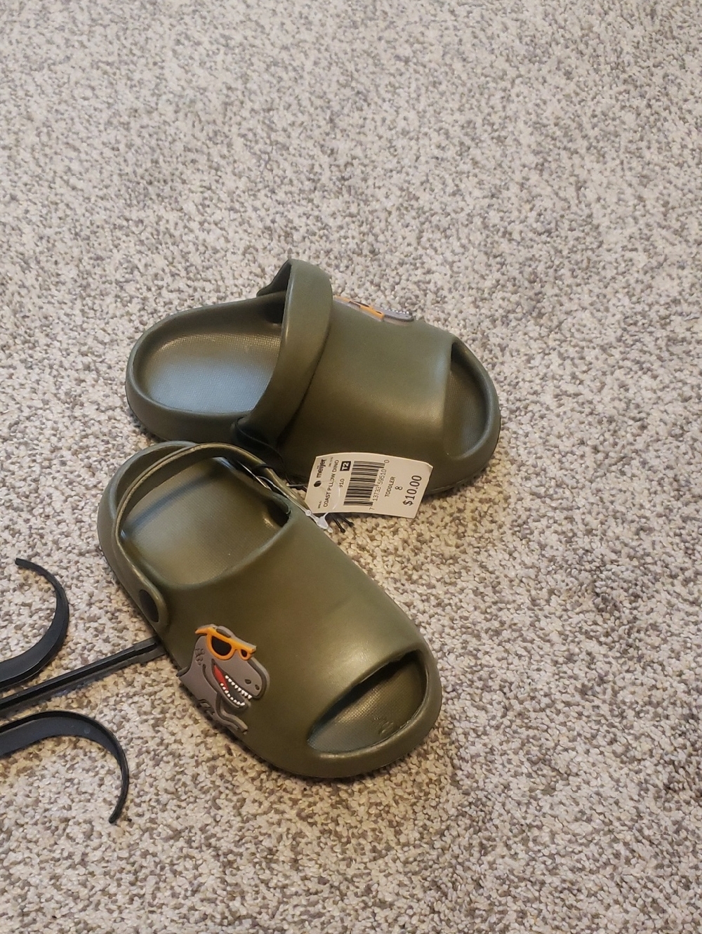 Kids Olive Green Slip-On Sandals with Dino Accent